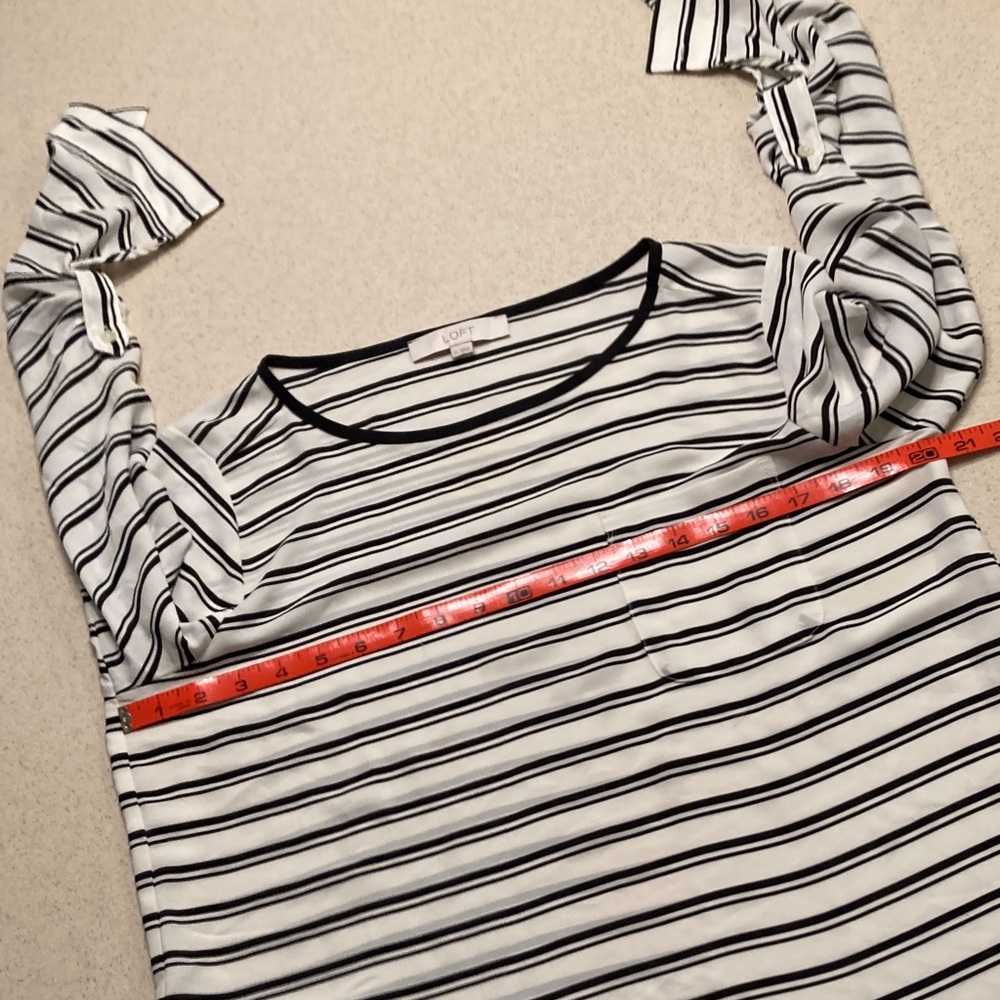 LOFT Navy and White Striped Blouse Women Size M Button-Tab Sleeve - Picture 6 of 9